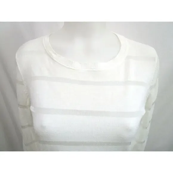 Vince Camuto Ivory Sheer Striped Long Sleeve Round Neck Light Sweater Petite S - Picture 2 of 8